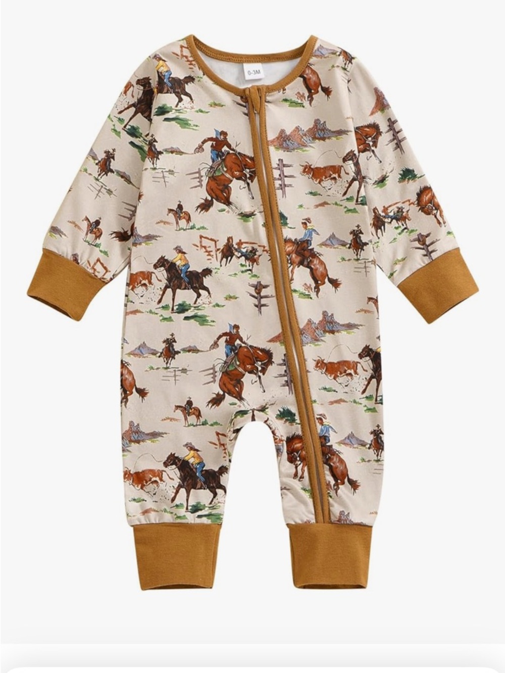 Baby Cowboy Print Long-Sleeve One-Piece in Cream and Brown
